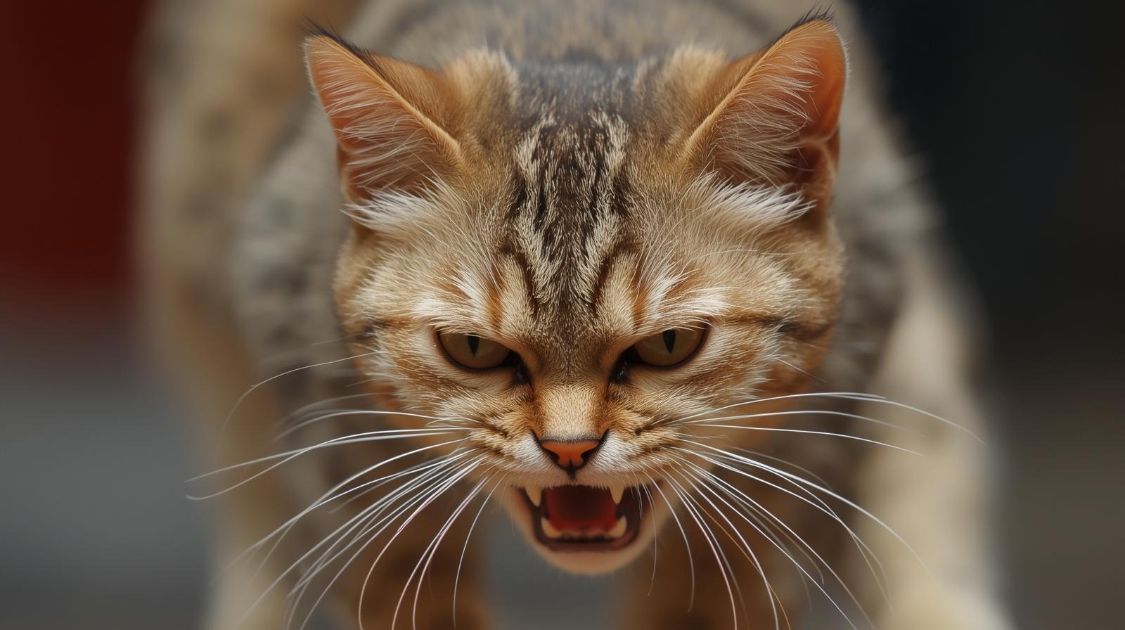 Cat showing sudden aggressive posture - ears back, eyes wide