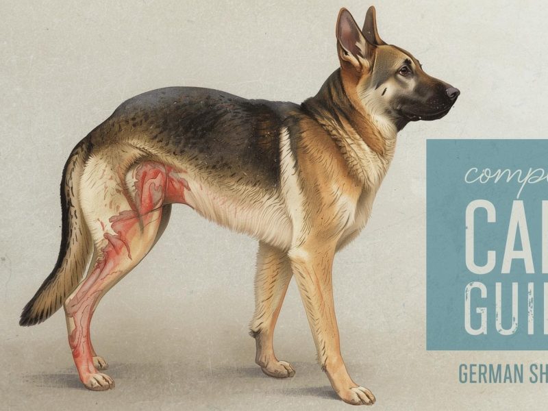 “Design a professional, eye-catching blog banner featuring a German Shepherd. The dog should be the main focus, with subtle visual hints of common health concerns like weak hind legs, skin irritation, or digestive discomfort (shown gently and non-graphic). Use a clean, modern layout with warm, trustworthy colors and soft lighting. Include space for the title: ‘German Shepherd Weak Hind Legs, Skin Problems & Stomach Issues — Complete Care Guide’. The overall tone should feel informative, compassionate, and veterinarian-approved.