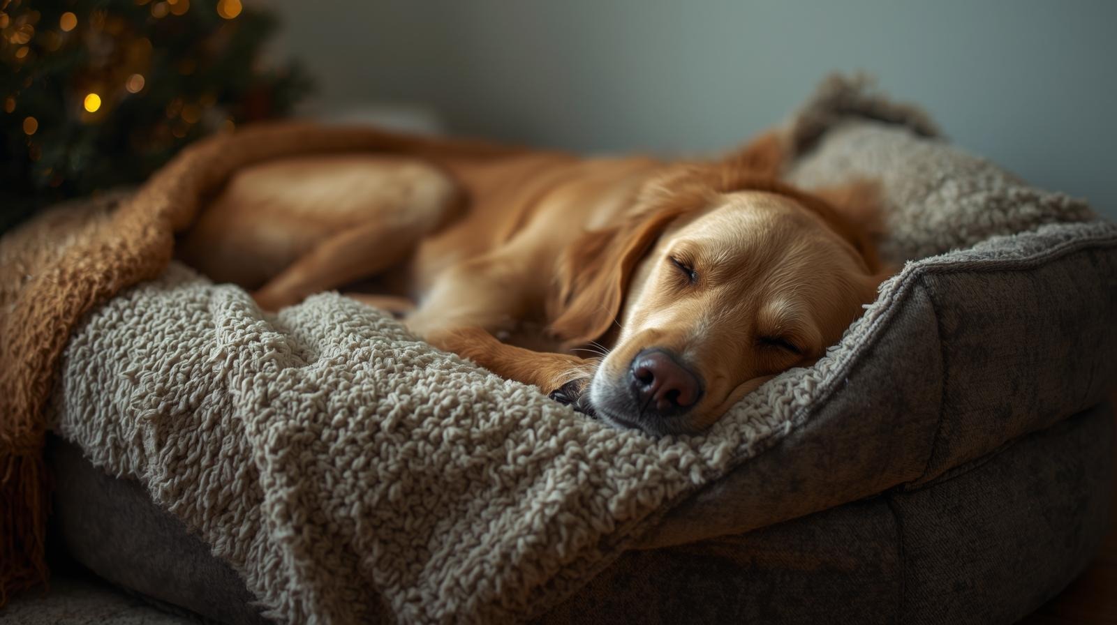 Dog sleeping on bed with blanket inside Indian home during winter