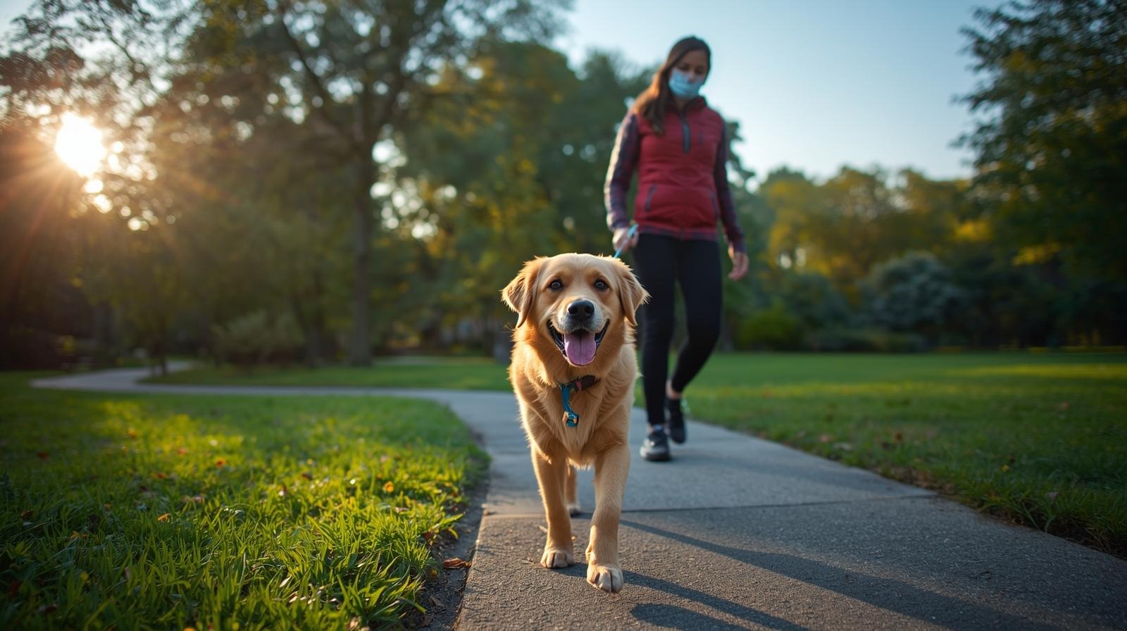Dog walking with the owner for a Morning walk in Indian Park