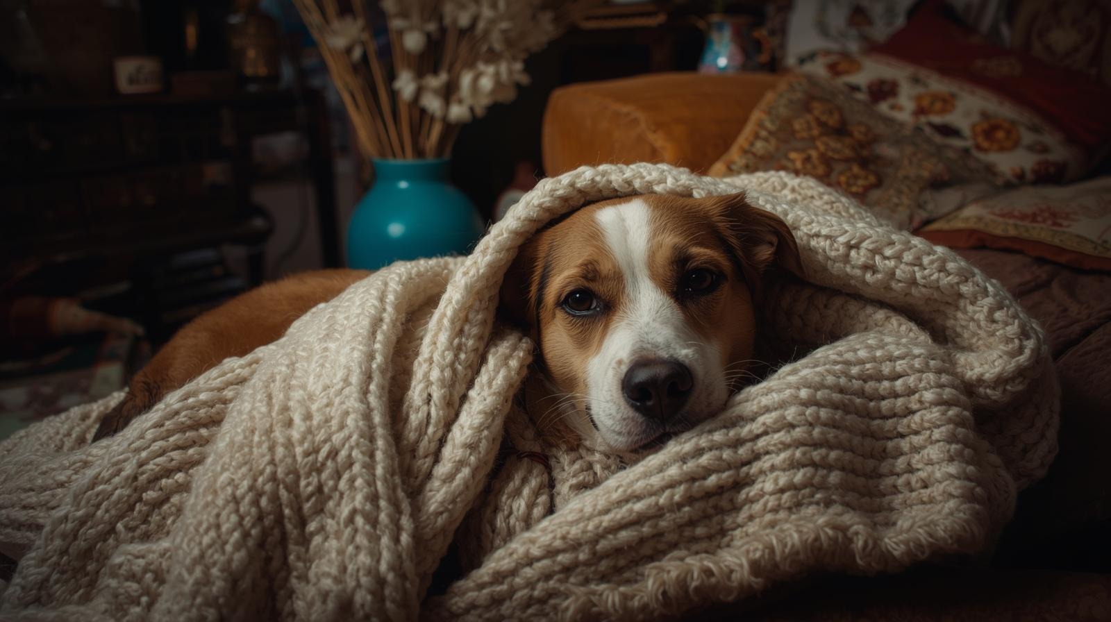 Dog wrapped in blanket inside Indian home during winter