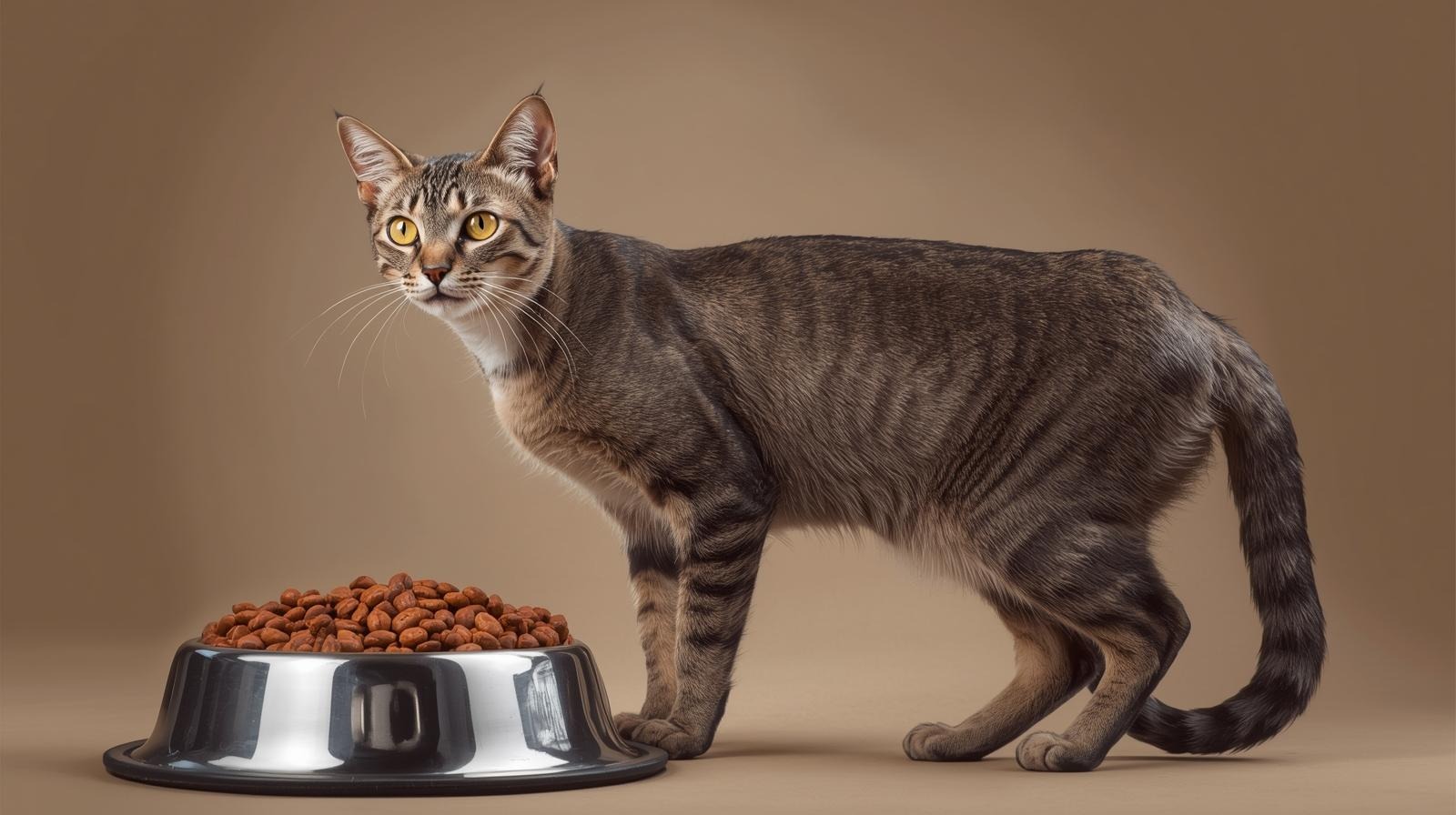 cat losing weight but eating well - thin cat beside food bowl