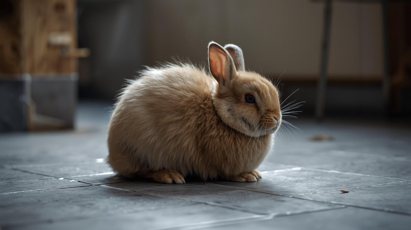 Rabbit sitting on cold tiled floor indoors in winter