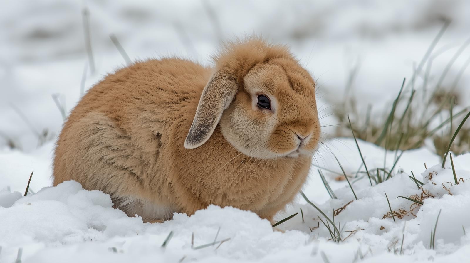 Rabbit sitting quietly in winter showing subtle pain signs