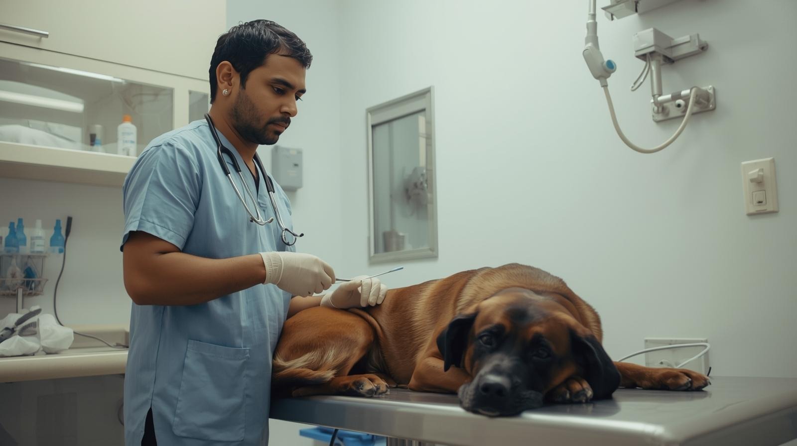 doctor with large dog for neutering process