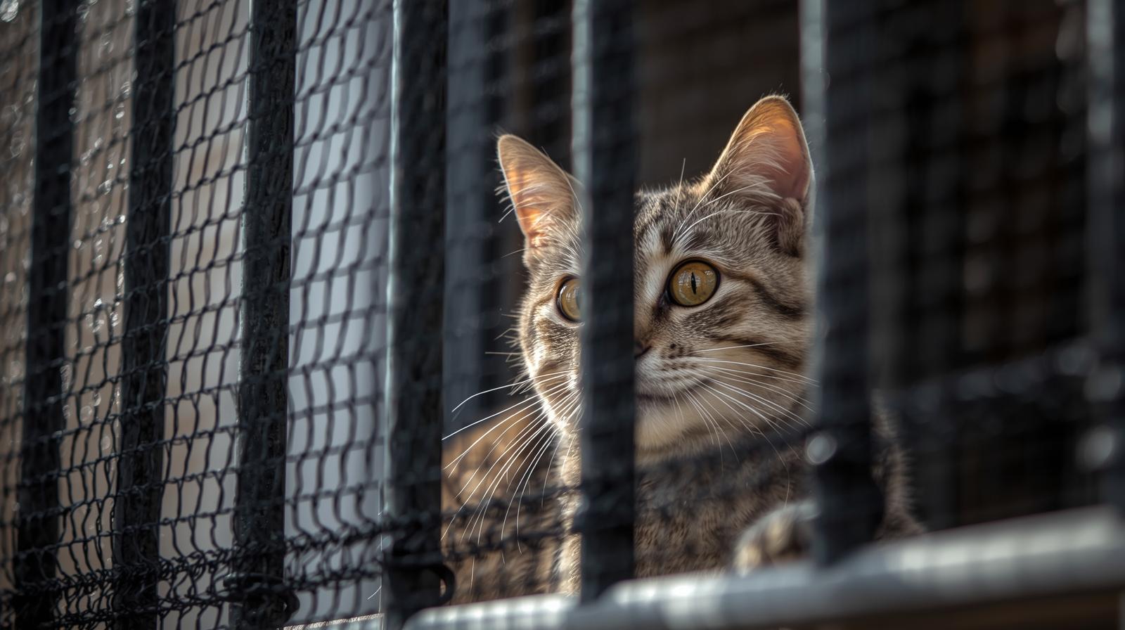 Cat looking safely through a balcony protected by high-quality bird netting