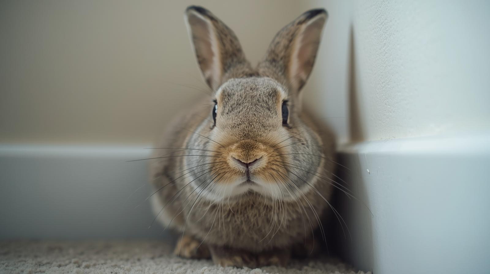 Close up of a rabbit's face showing alert eyes and twitching nose