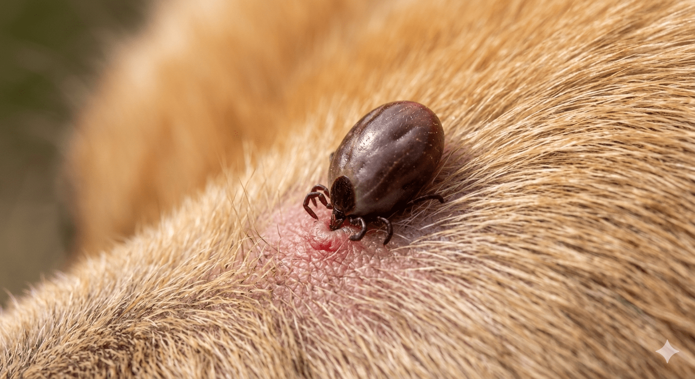 Tick attached to dog skin close up view