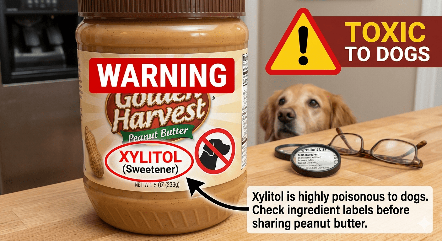 Peanut butter jar containing xylitol dangerous for dogs