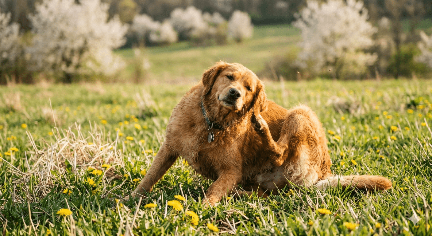 Dog scratching due to spring allergies in grass during March