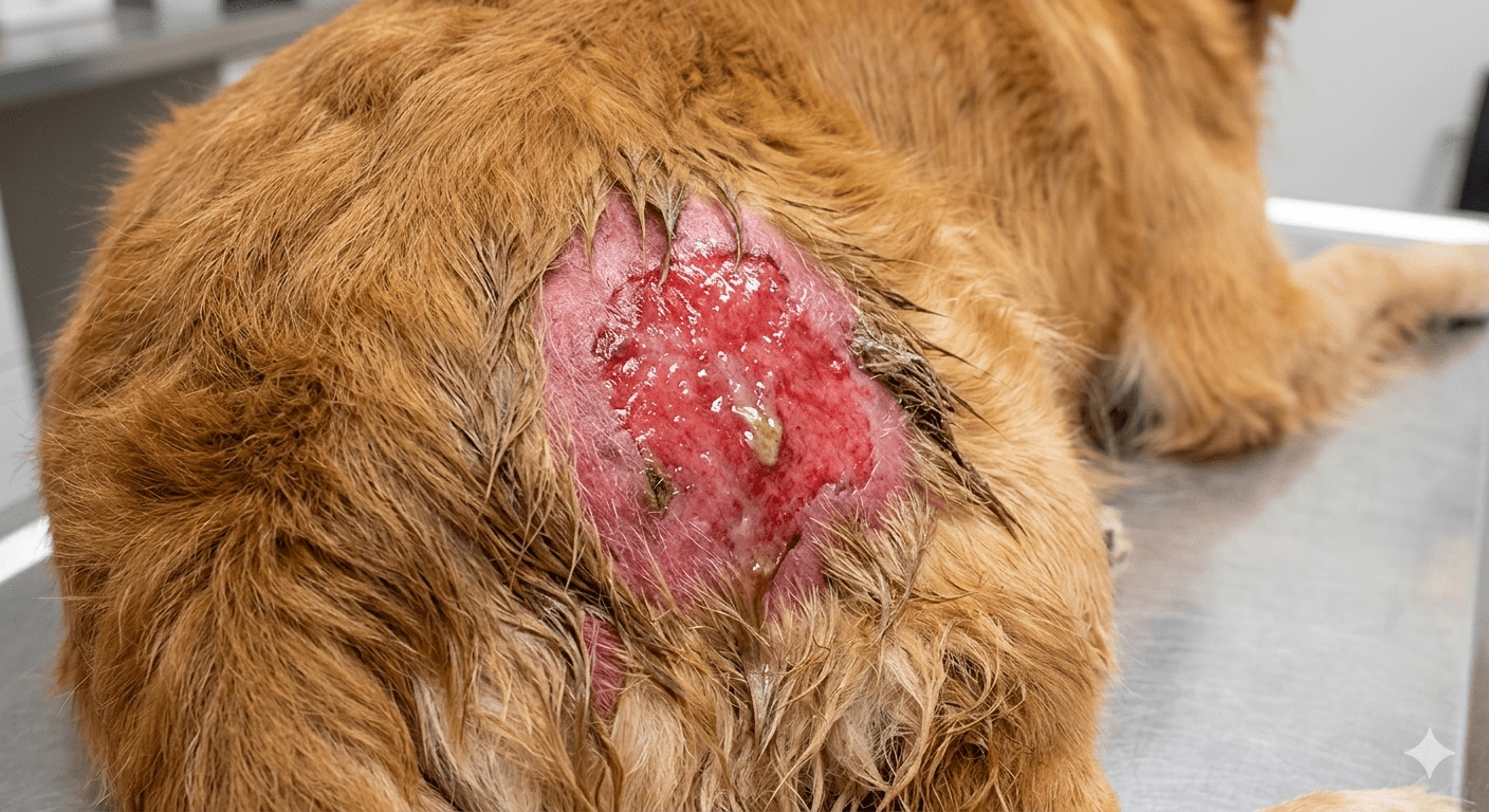 Hot spot on dog skin raw moist lesion