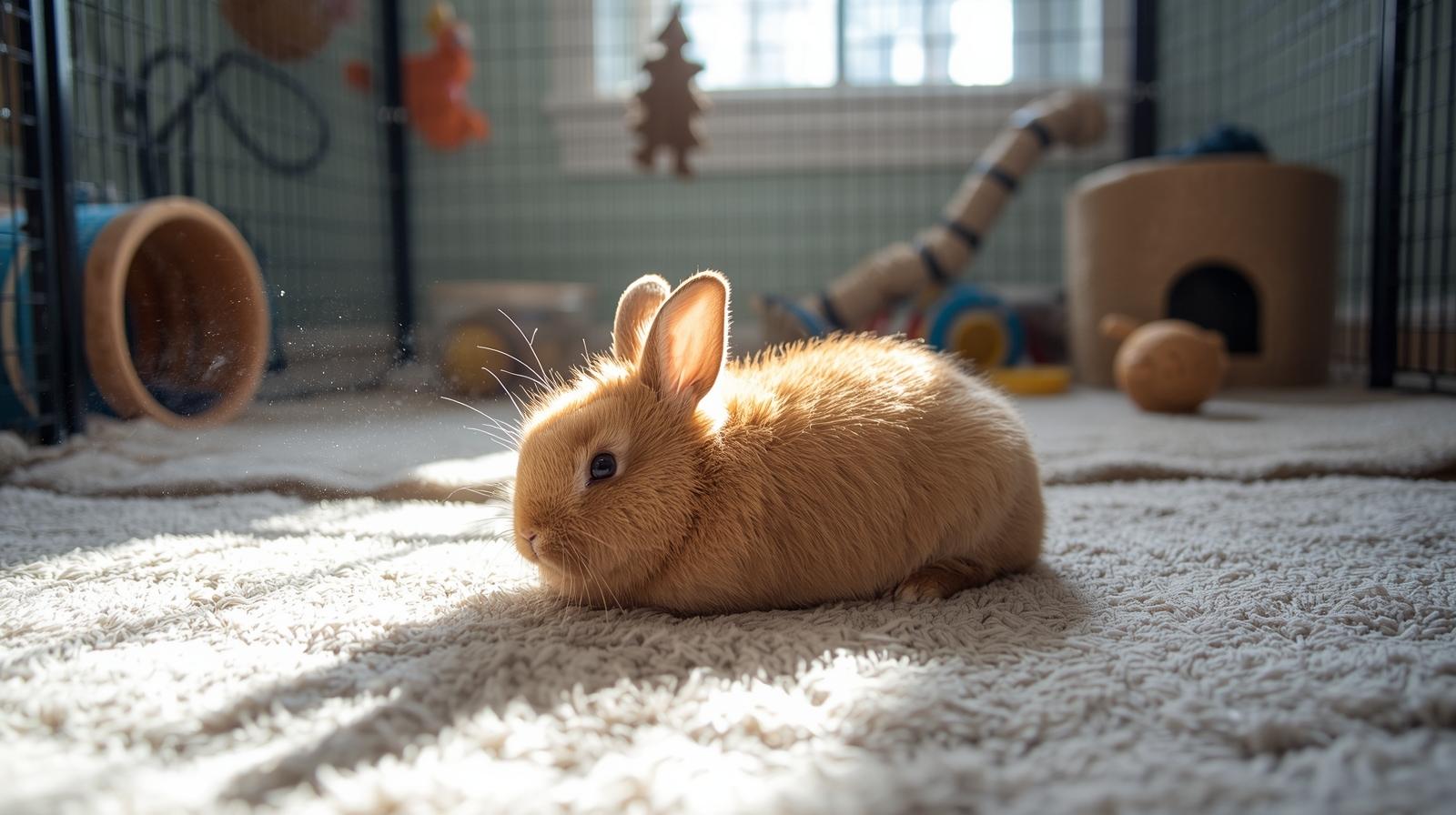 Rabbit resting comfortably in a spacious indoor exercise pen