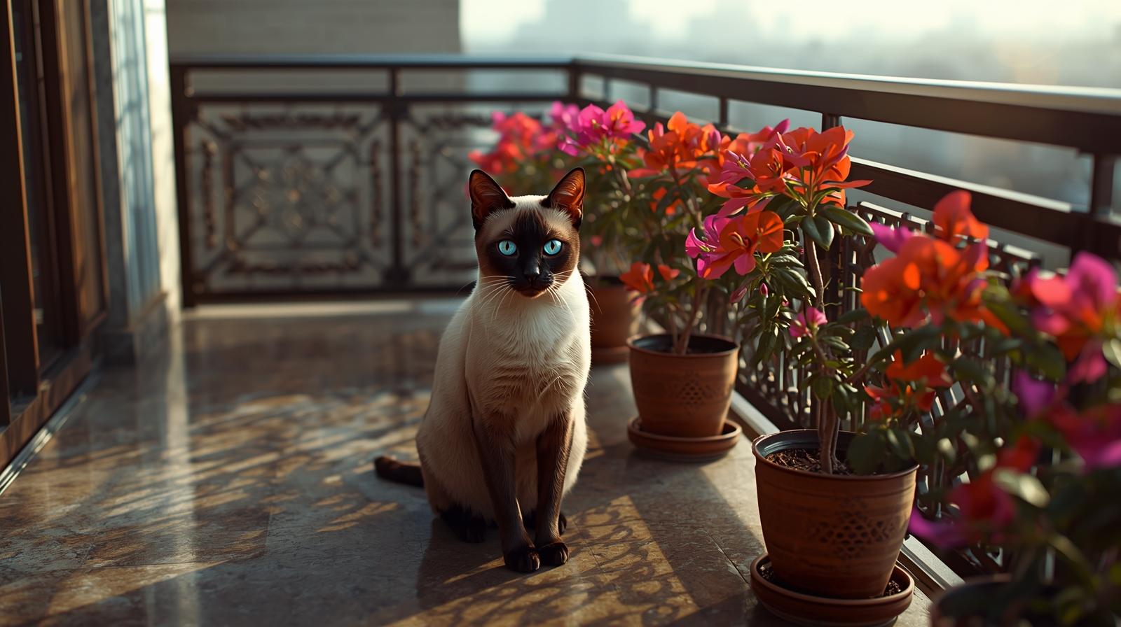 Siamese cat sitting on a modern Indian balcony