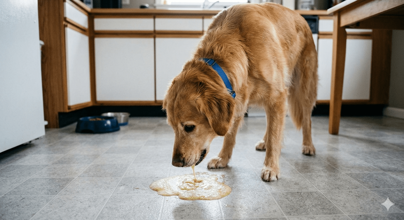 Dog vomiting yellow foam bile on floor