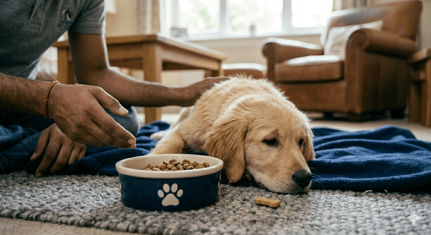 Dog refusing food from bowl at home