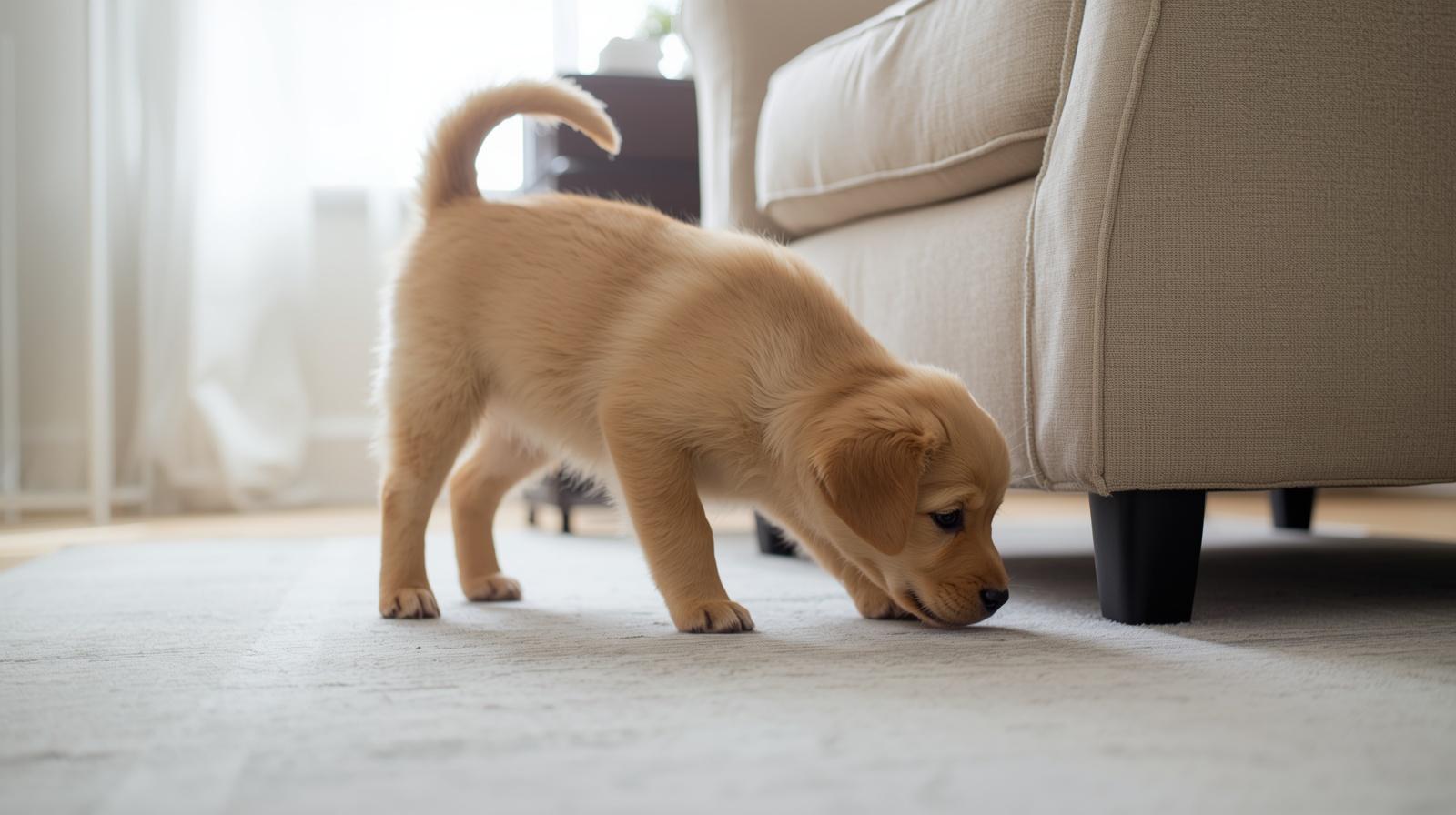 Golden retriever puppy exploring new home environment