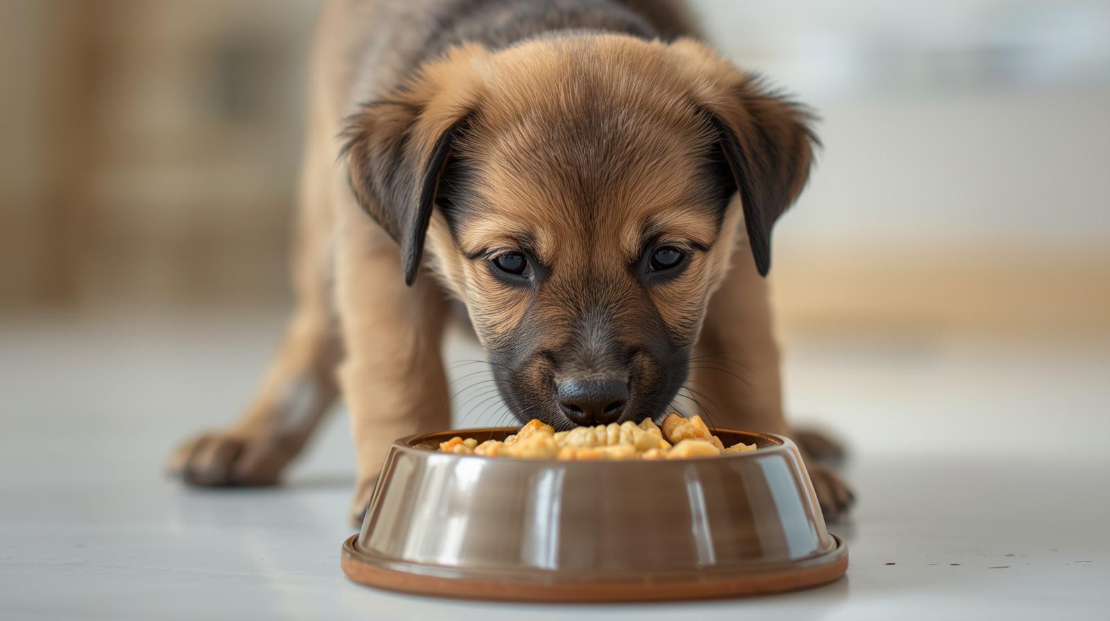Healthy puppy eating balanced diet from bowl
