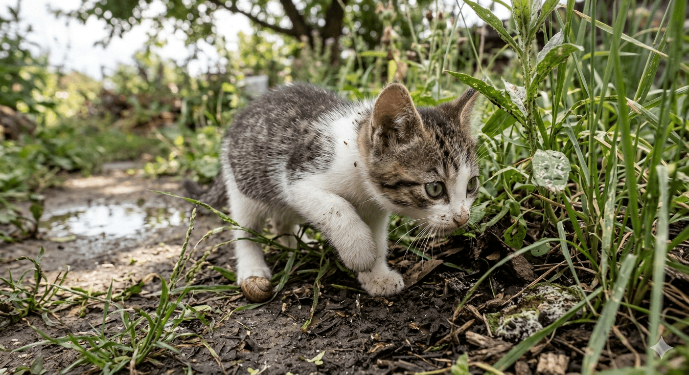 Kitten exploring environment and exposed to parasites