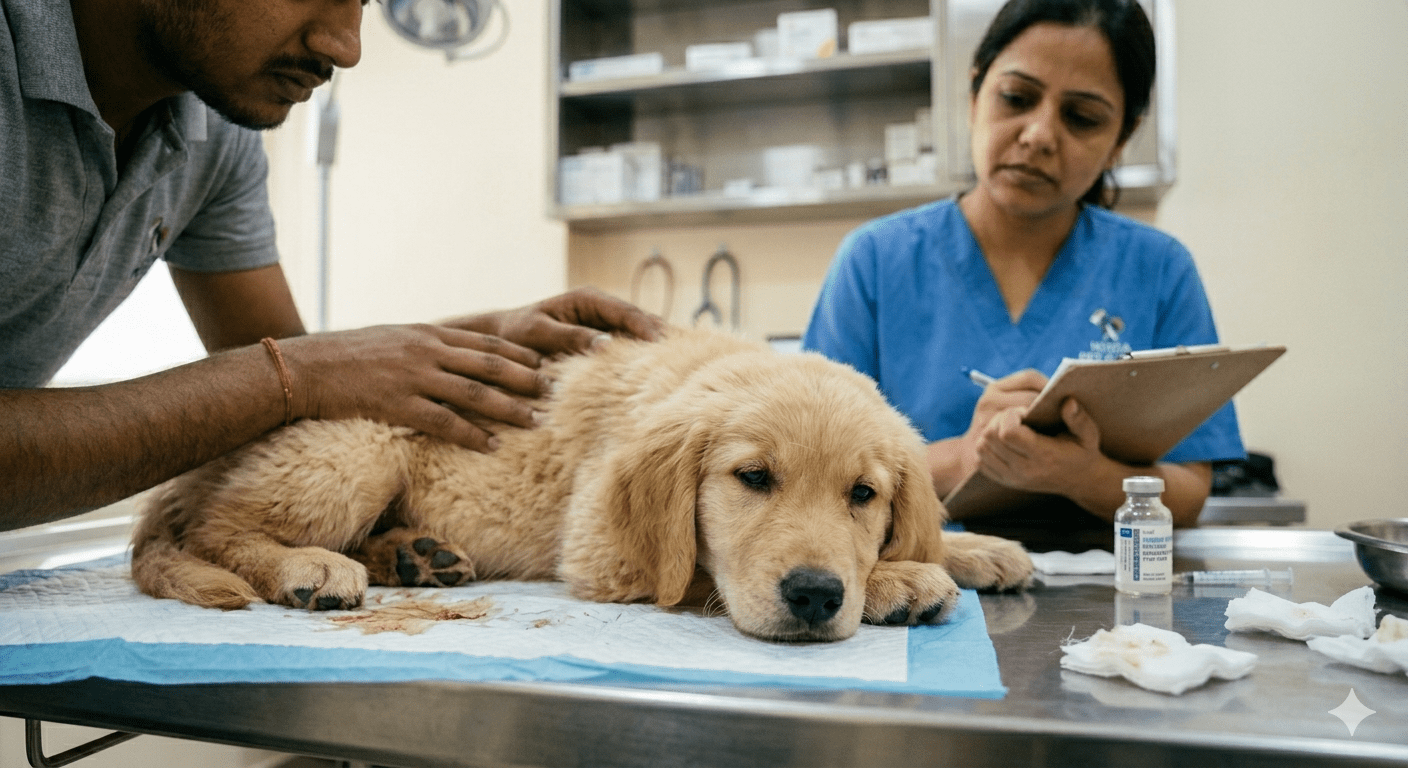 Sick puppy lying down showing early parvo symptoms