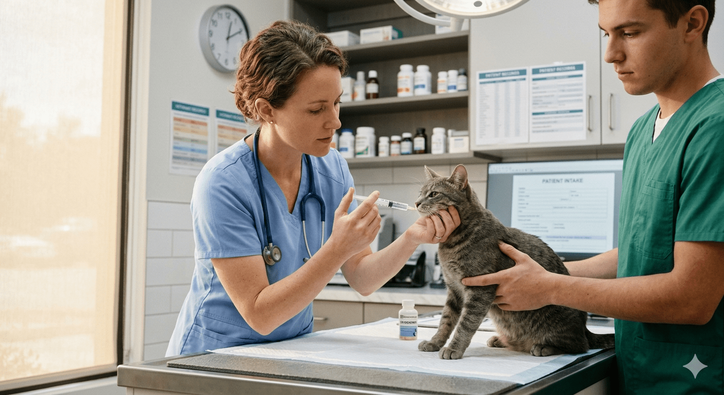 Veterinarian administering deworming treatment to a cat