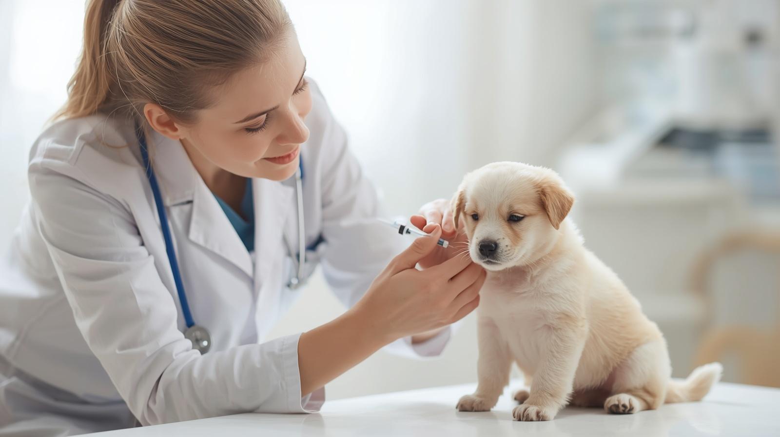 Veterinarian administering vaccination to young puppy