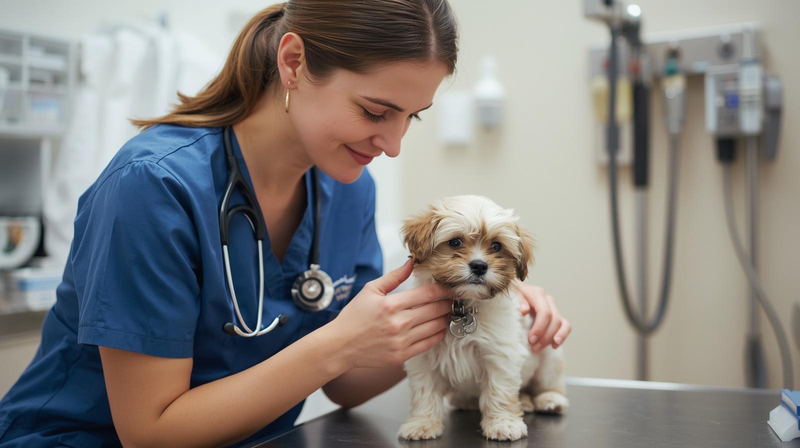 Veterinarian examining a small puppy during health check