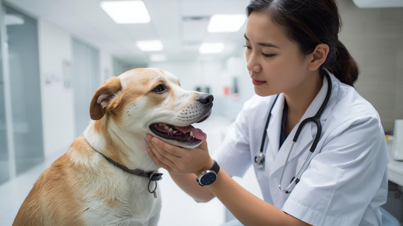 Veterinarian examining dog health condition
