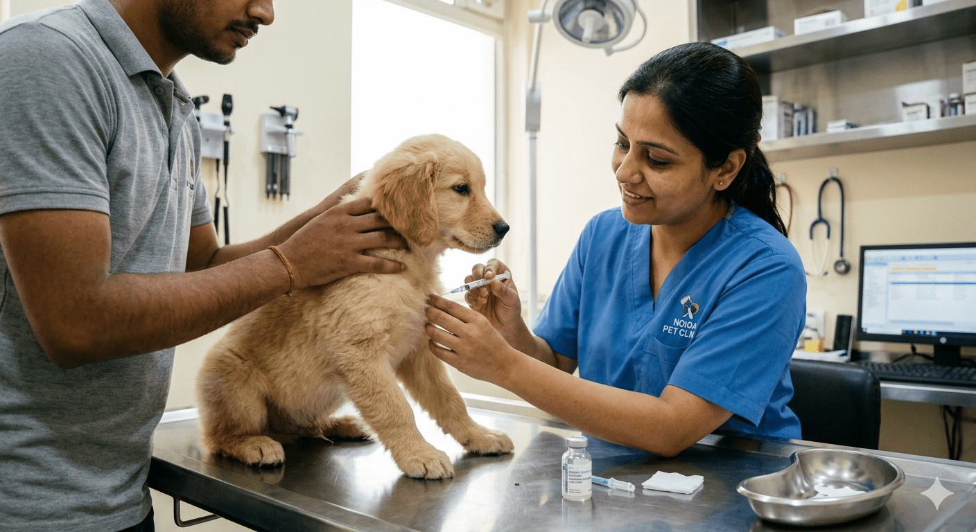Veterinarian vaccinating puppy against parvo
