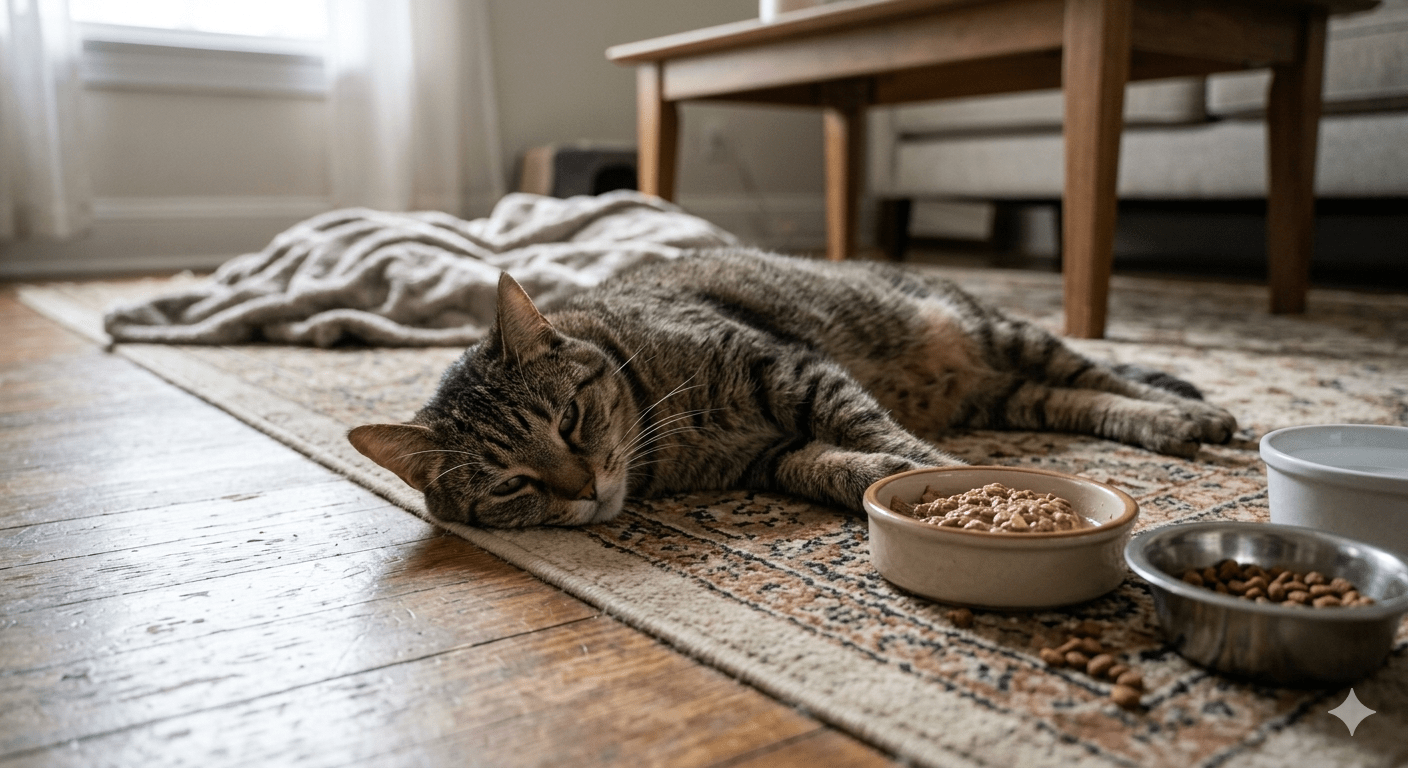 Cat lying down lethargic and refusing food
