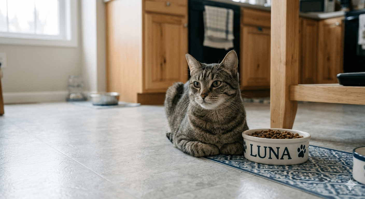 Cat sitting near food bowl but not eating
