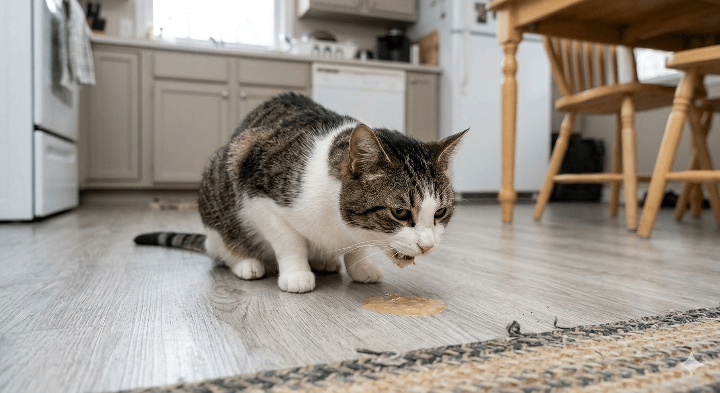 Cat vomiting on floor due to digestive upset