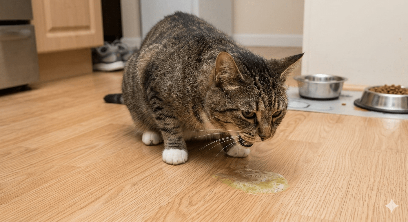 Cat vomiting yellow liquid bile on floor