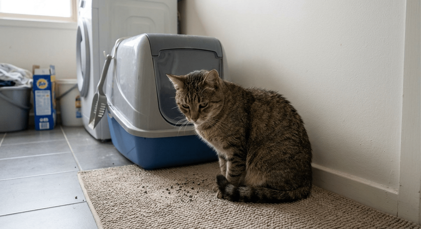 Cat with digestive upset sitting near litter box