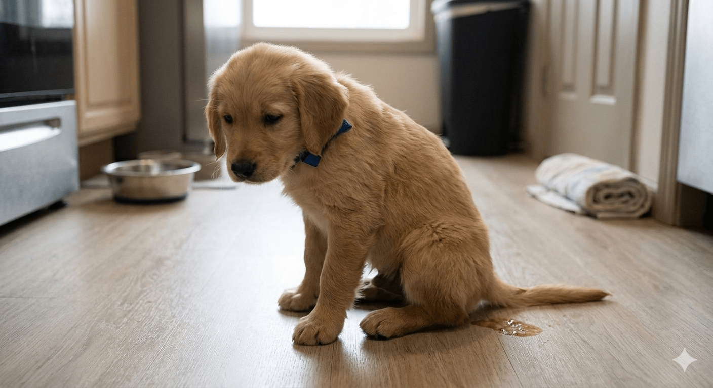 Young puppy with diarrhea symptoms sitting on floor